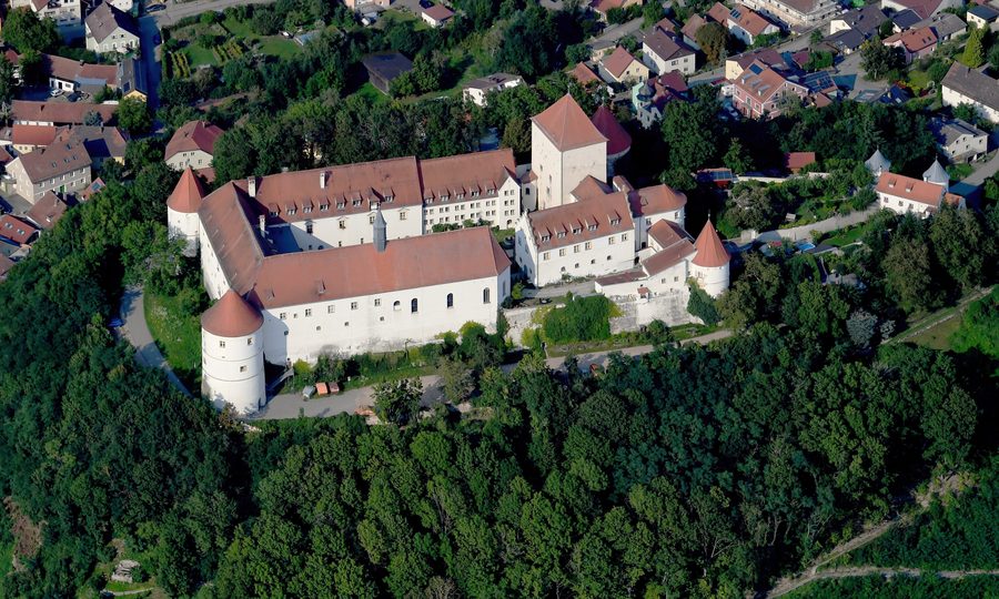 Luftaufnahme von Schloss Wörth an der Donau auf dem Schlossberg