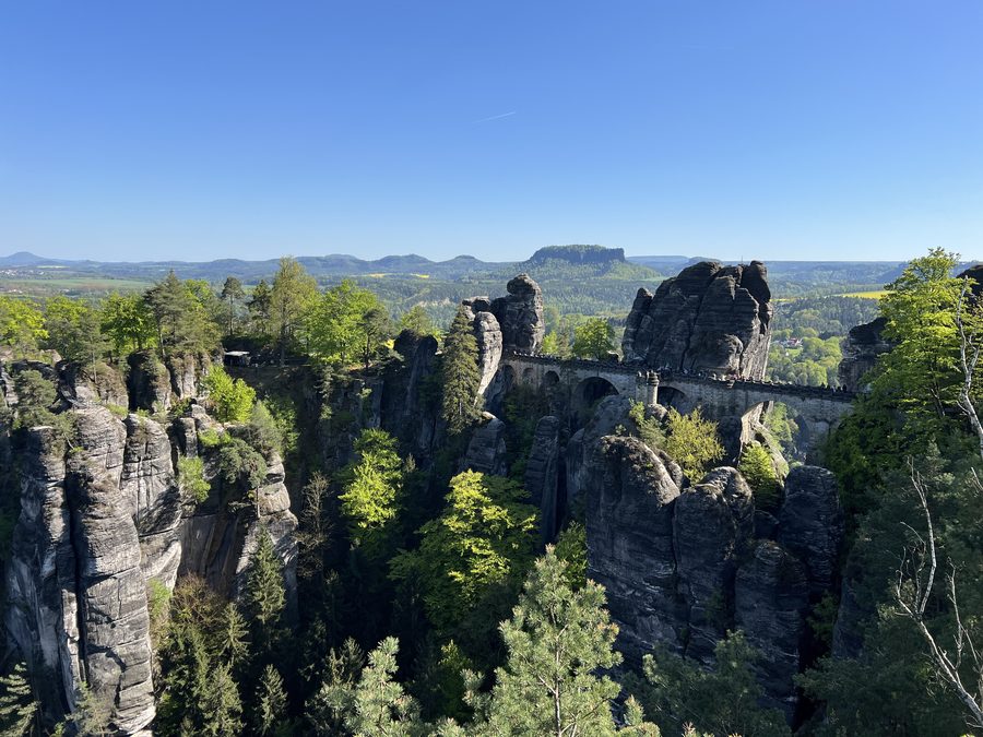 The Bastei bridge and sandstone cliffs in Saxon Switzerland.