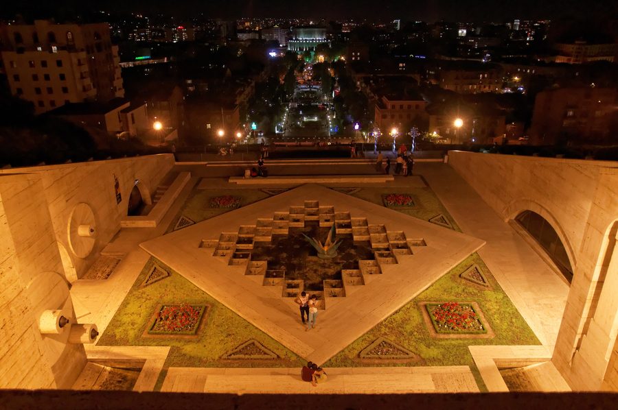 Yerevan Cascade and city center at night.