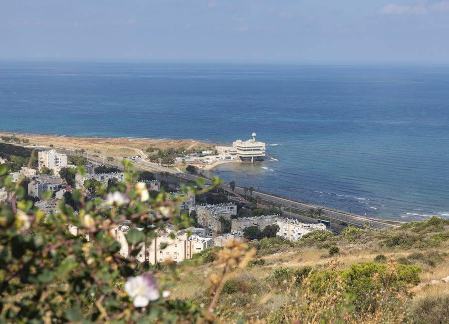 Blick über Haifa auf Tel Shekmona, das Mittelmeer und den See