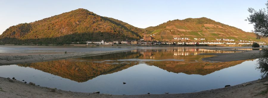Panoramablick über den Rhein auf Lorchhausen am Abend