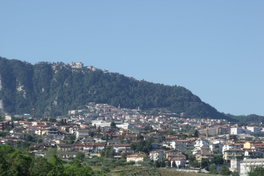 Panoramic view of Domagnano and Borgo Maggiore in San Marino, with the Basilica of San Marino City in the background