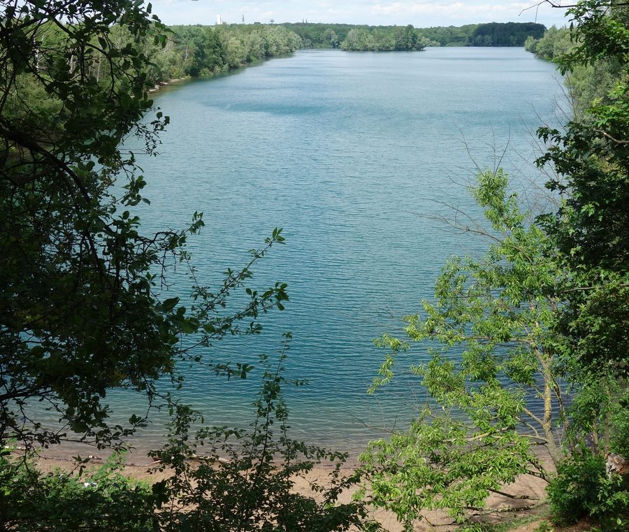Blick von Südosten auf das Naturschutzgebiet Kiesgrubensee Gremberghoven mit einer Insel im Hintergrund