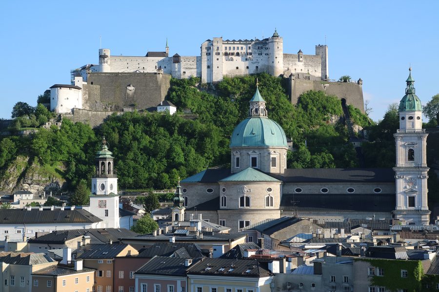 Salzburg Old Town with Hohensalzburg Fortress above the city skyline.
