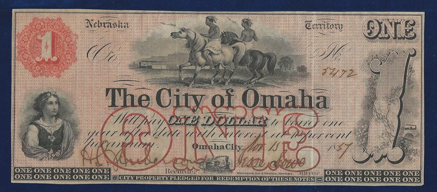 banconota del 1857 della città di Omaha, Territorio del Nebraska, raffigurante nativi americani e un treno ferroviario