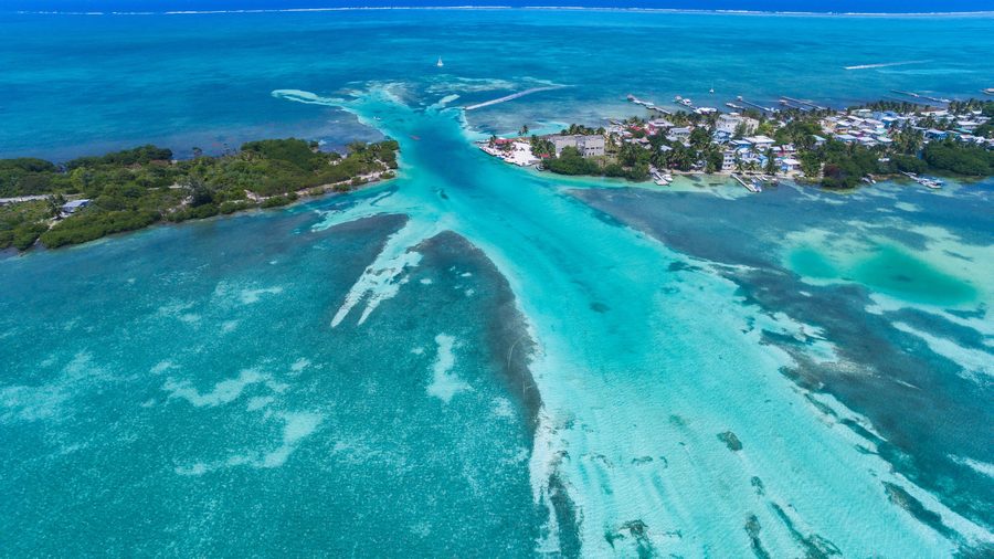 Aerial view of Caye Caulker in the Belize Barrier Reef
