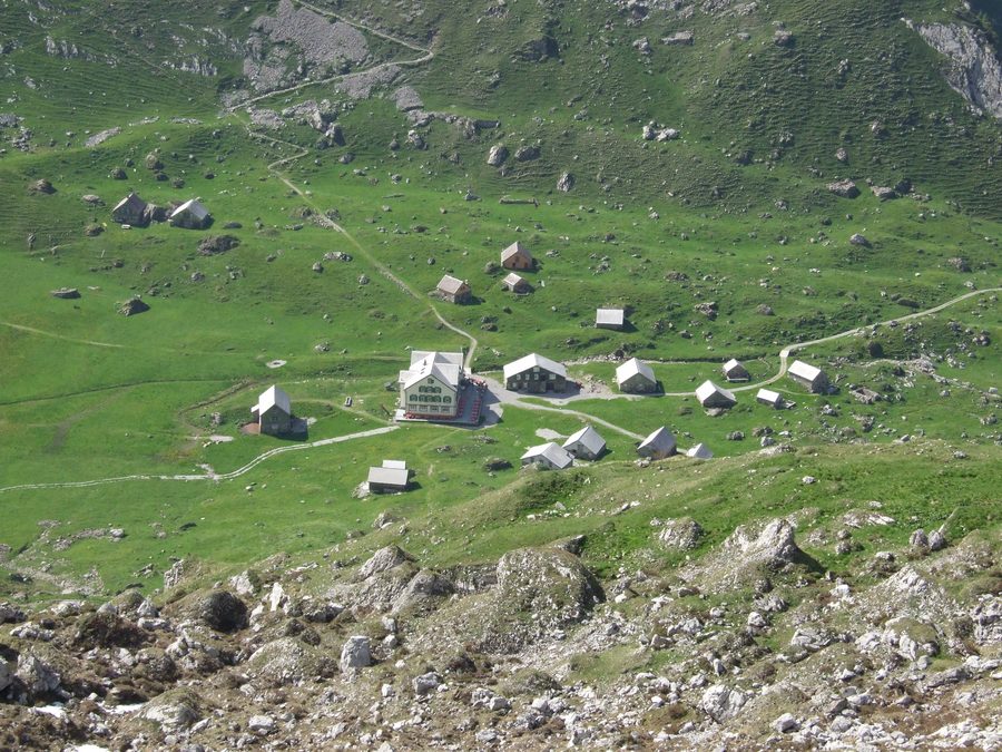 Alpine huts and meadows in the Alpstein mountains above Appenzell.