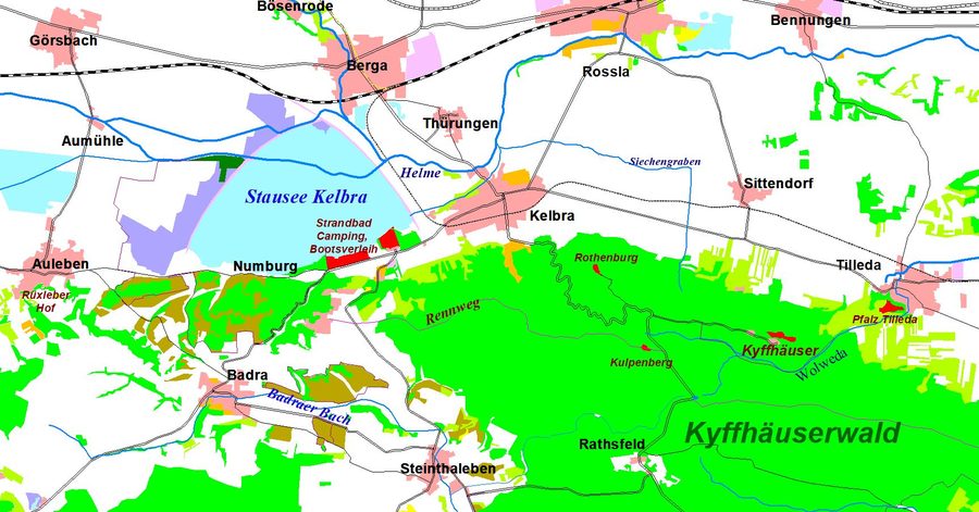 Kelbra con dintorni, lago artificiale della Helme e la parte nord-occidentale dei monti Kyffhäuser