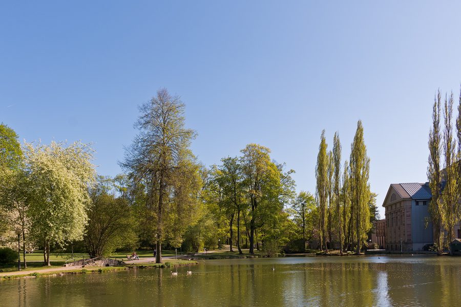 Vista dello stagno di ghiaccio nell'Englischer Garten a Meiningen