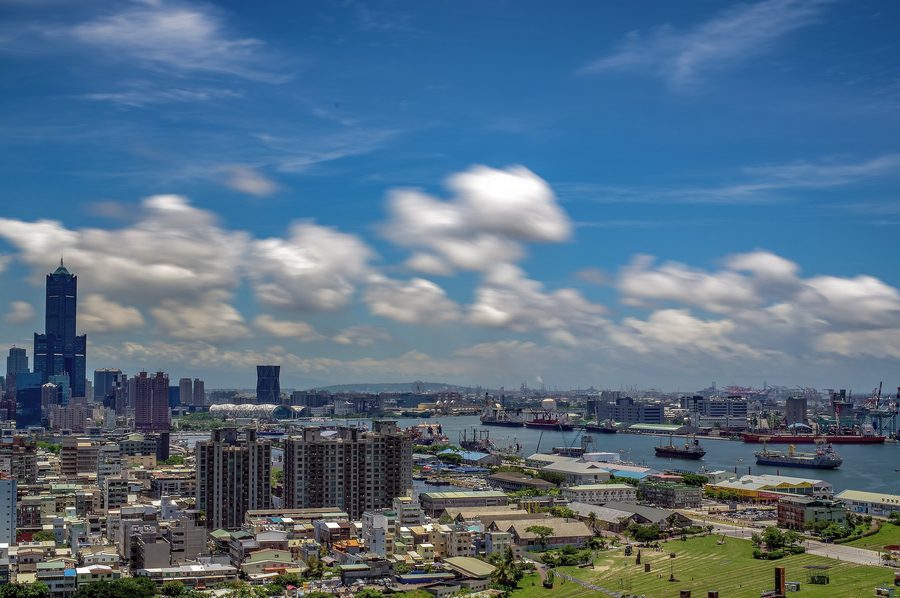 Kaohsiung Harbor skyline on a clear day.