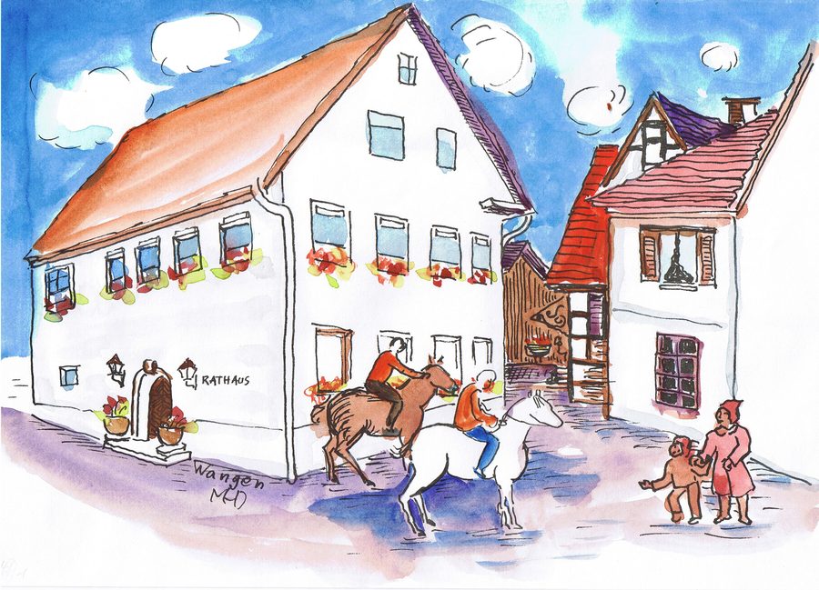 Künstlerische Darstellung von Wangen bei Göppingen mit Pferden