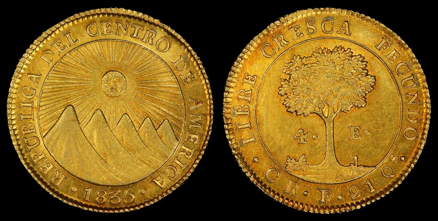 Una moneta storica con la scritta „Federal Republic of Central America“ e l’anno 1835.