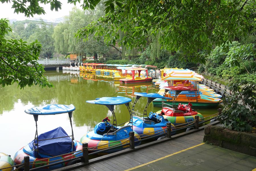 Boats on the water at Chengdu Culture Park in Chengdu, Sichuan, China