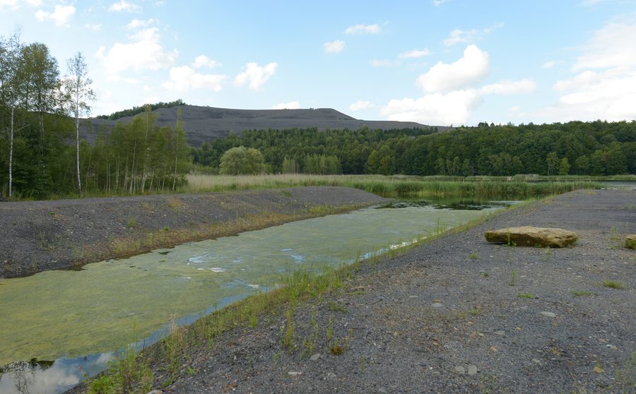 Blick über den Kohlbachtalweiher zur Bergehalde Göttelborn bei Quierschied im Regionalverband Saarbrücken