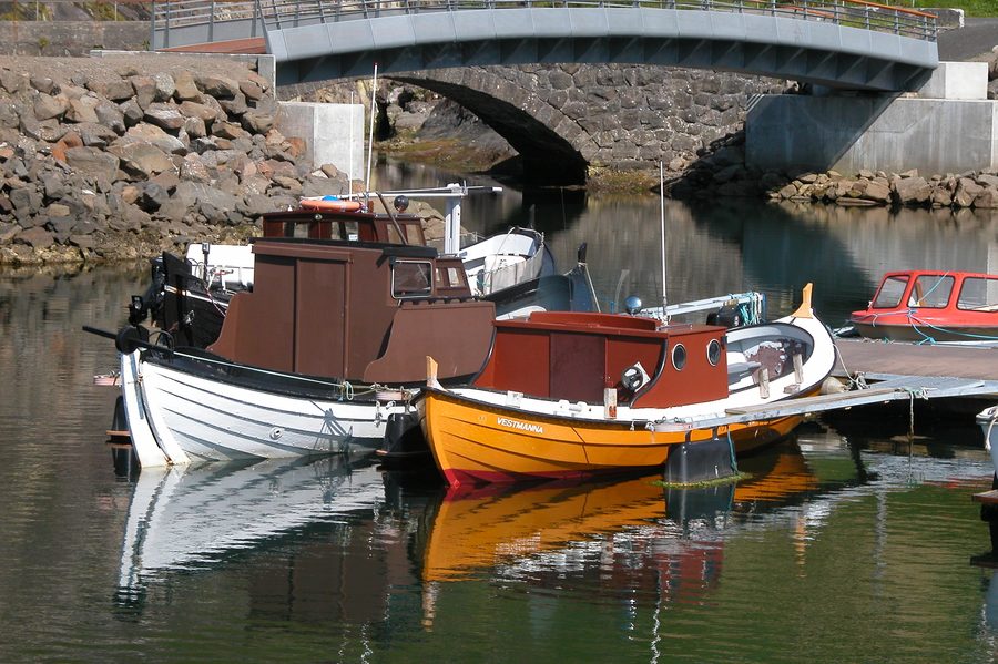 Boats in Vestmanna harbor on Streymoy, Faroe Islands.