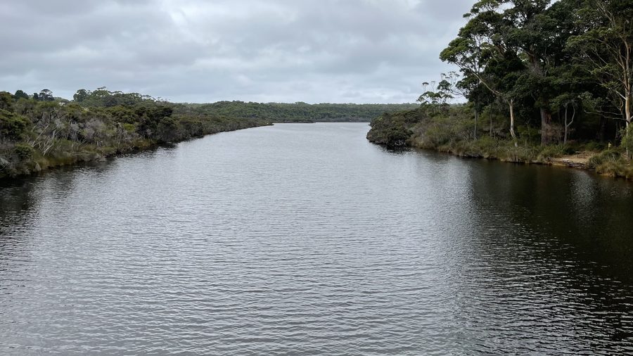 Blick auf den Frankland River von einer Brücke am South Coast Highway