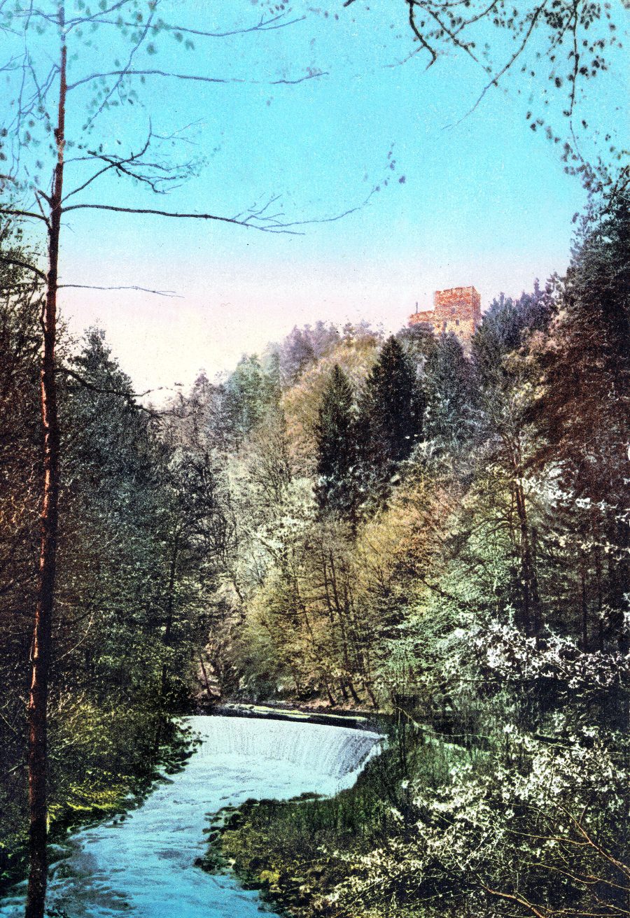Burg Deutschlandsberg oberhalb der Laßnitz, mit Turm und Seitentrakt über dem bewaldeten Hang