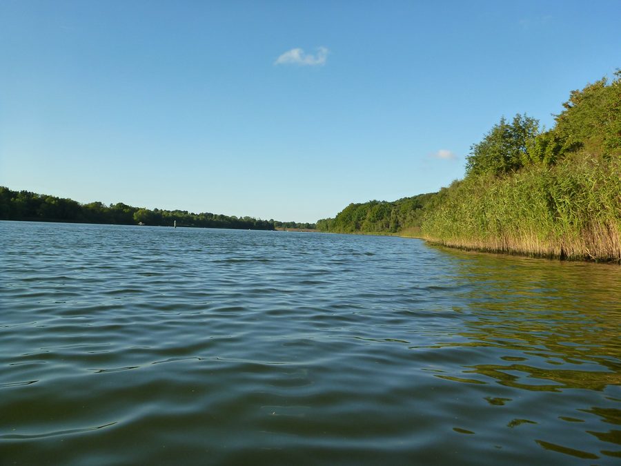 View from the eastern shore of Flemhuder See north toward the Nord-Ostsee-Kanal