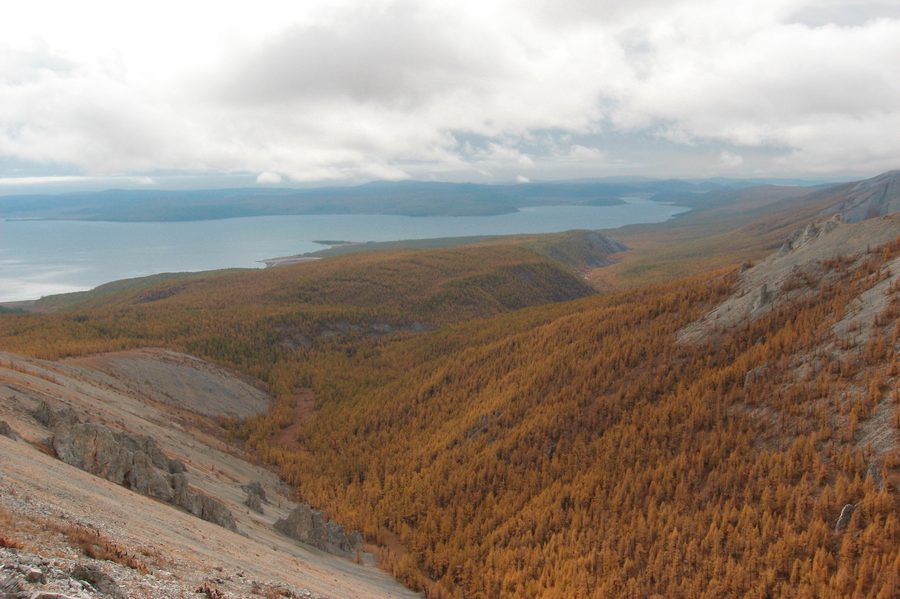 Blick über den Khövsgöl-See auf bewaldete Hänge in herbstlichen Farben