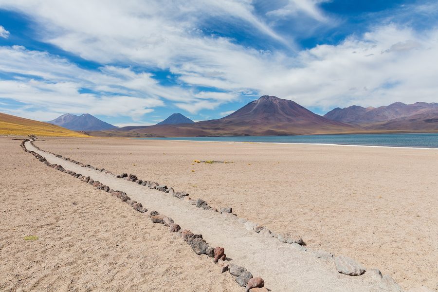 Laguna Miscanti sull’Altiplano nel nord del Cile, con acqua lagunare ad alta quota e paesaggio vulcanico.