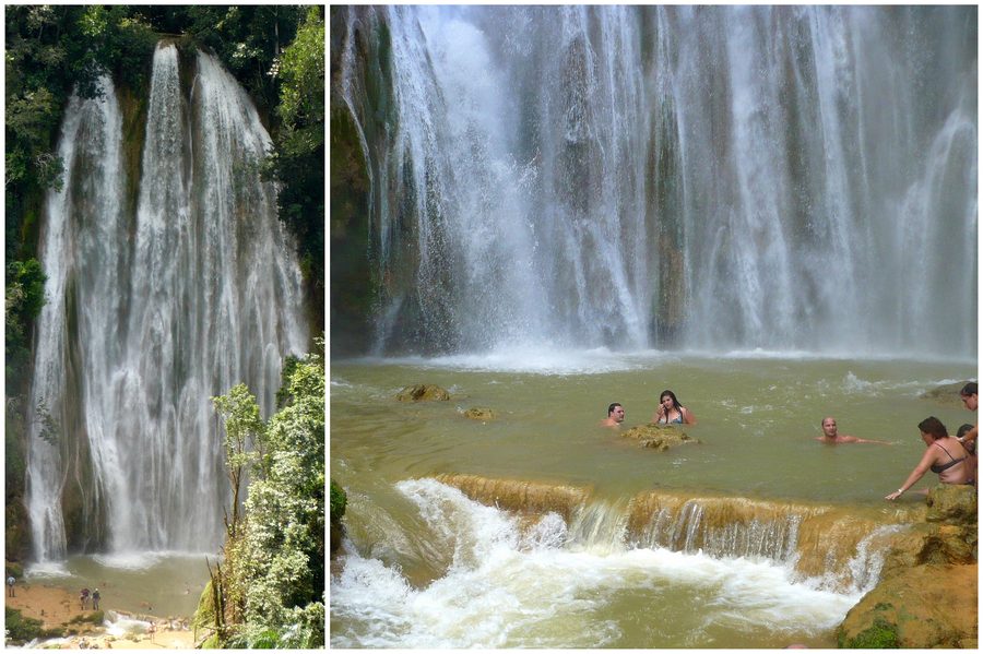 Der Wasserfall Salto El Limón in Samaná stürzt vor dicht bewachsener tropischer Vegetation in ein Becken.