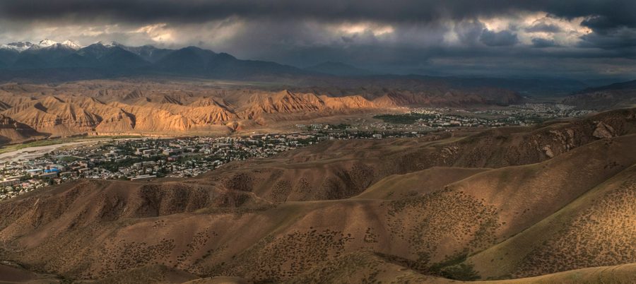 Overlook of Naryn, Kyrgyzstan, with the town and surrounding mountains