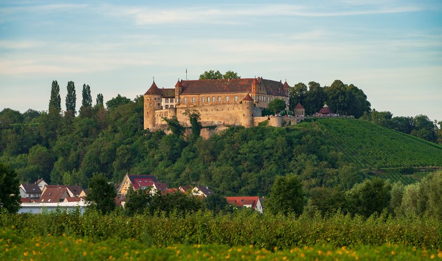 Burg Stettenfels in Untergruppenbach in warmem Abendlicht, gesehen von Südwesten