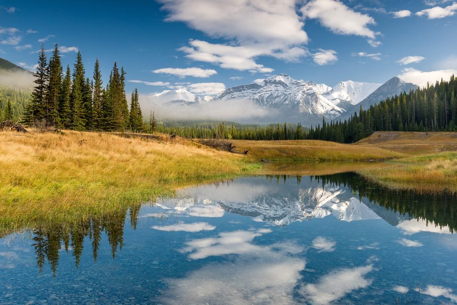 Snowy Canadian Rockies at sunrise in Banff National Park, Alberta.