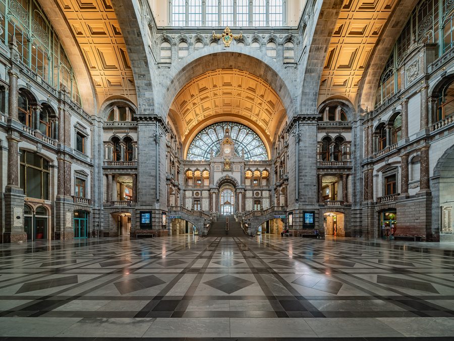 Interior of Antwerp Central Station with its grand hall and dome.