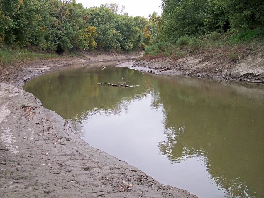 Il fiume Platte con riva boscosa nella Platte Falls Conservation Area vicino a Platte City