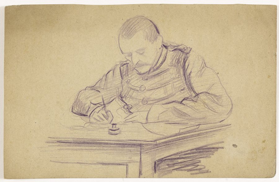 File:Militaire assis à un bureau écrivant, PPD3886.jpg