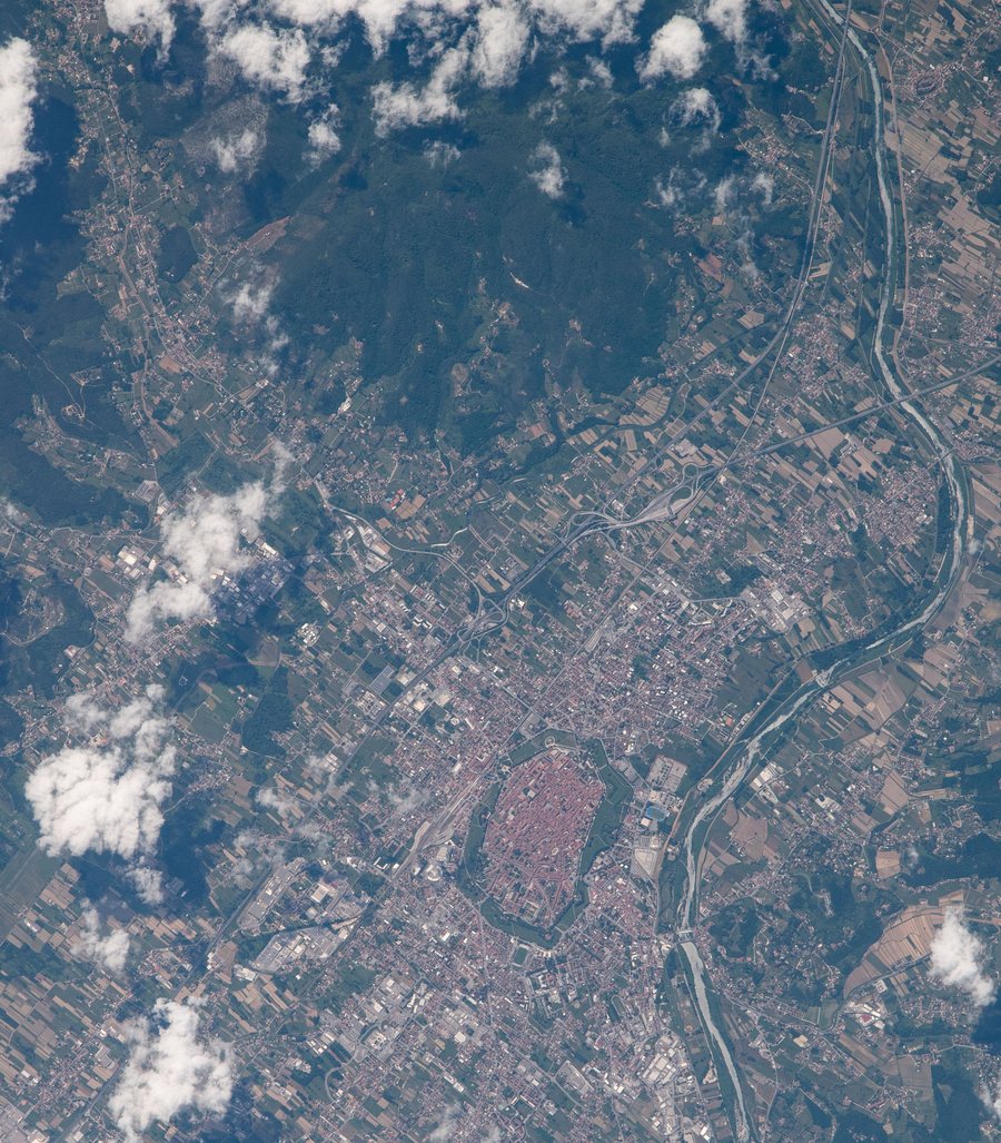 File:ISS065-E-93398 - View of Italy - town Lucca - river Serchio - Monte Orma - Monte del Pino - Monte Le Croci - Monte Penna (Monti Pisani) - San Lorenzo a Vaccoli - Cerasomma (cropped).jpg