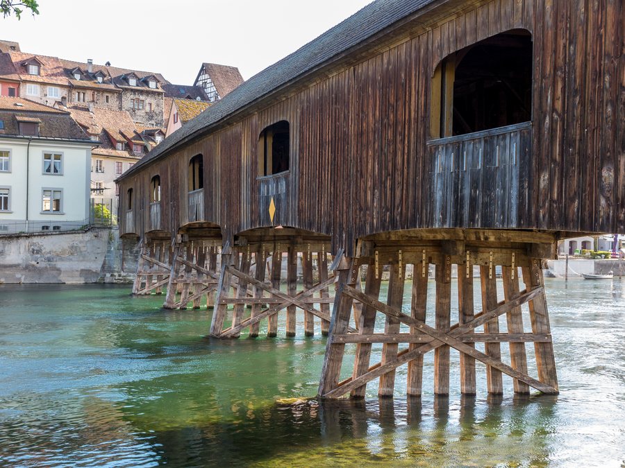 Covered wooden bridge across the Rhine between Gailingen and Diessenhofen